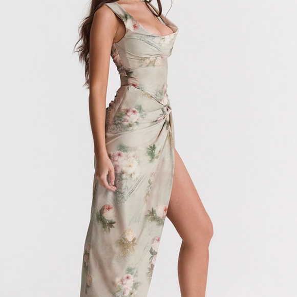 VINTAGE PRINTED DRAPED CORSET TOP SPLIT TWO PIECE MAXI DRESS - FLORAL - Picture 4 of 6